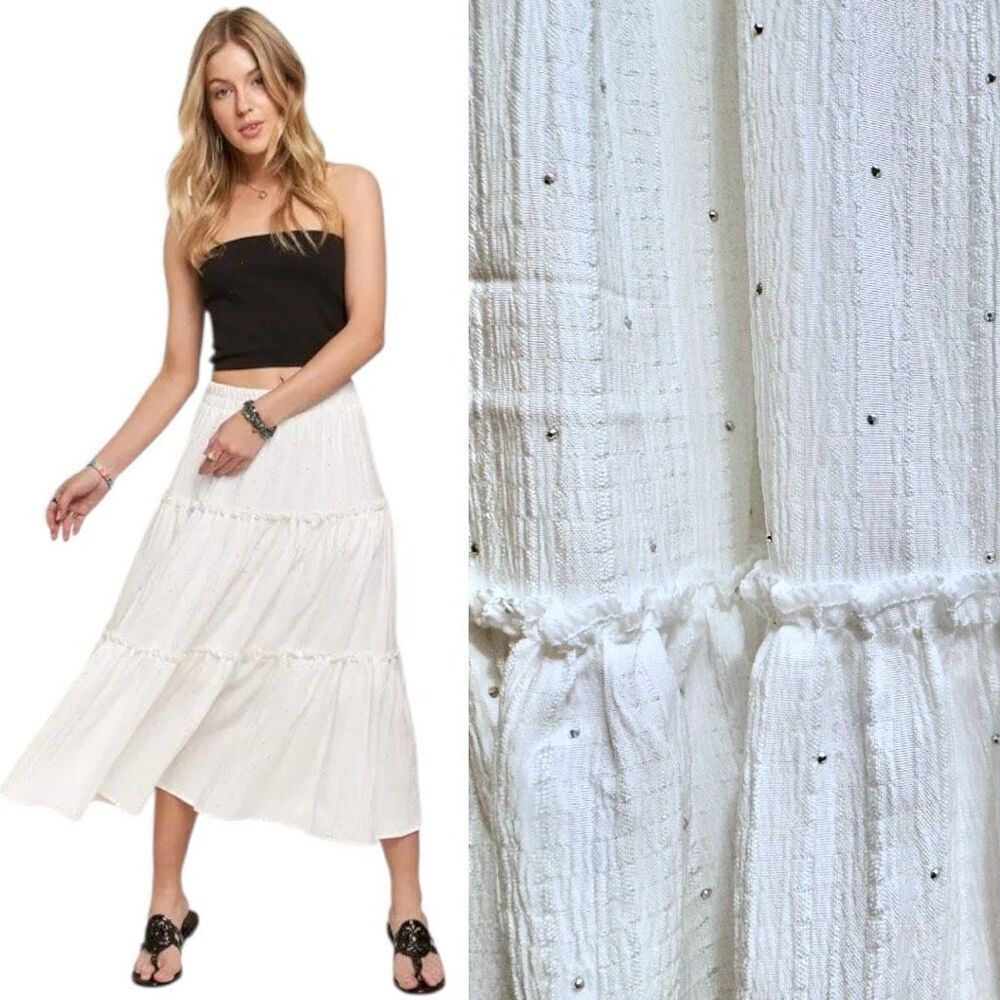 Adora White Flowy Tiered Boho Midi Maxi Skirt Swiss Dot Rhinestone Cottagecore
